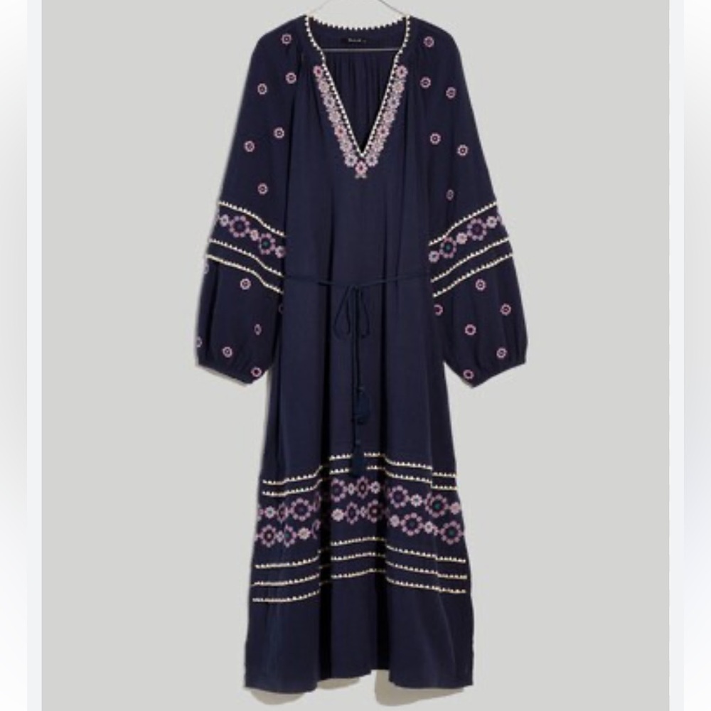 Madewell Navy and Pink Embroidered Long Sleeve Dress EUC